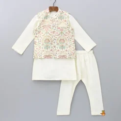 Sale Floral Printed Golden Thread Work Jacket With Off White Kurta And Pyjama BOY Indian Ethnic Wear | Ethnic Sets