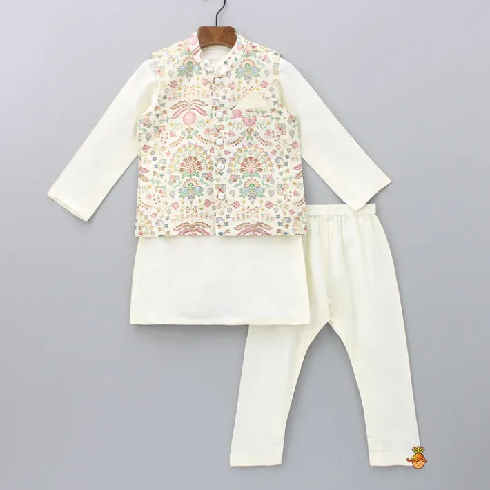 Sale Floral Printed Golden Thread Work Jacket With Off White Kurta And Pyjama BOY Indian Ethnic Wear | Ethnic Sets
