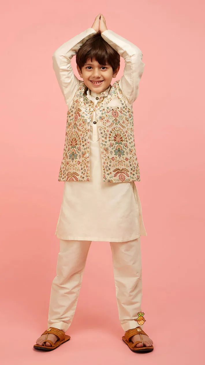 Sale Floral Printed Golden Thread Work Jacket With Off White Kurta And Pyjama BOY Indian Ethnic Wear | Ethnic Sets