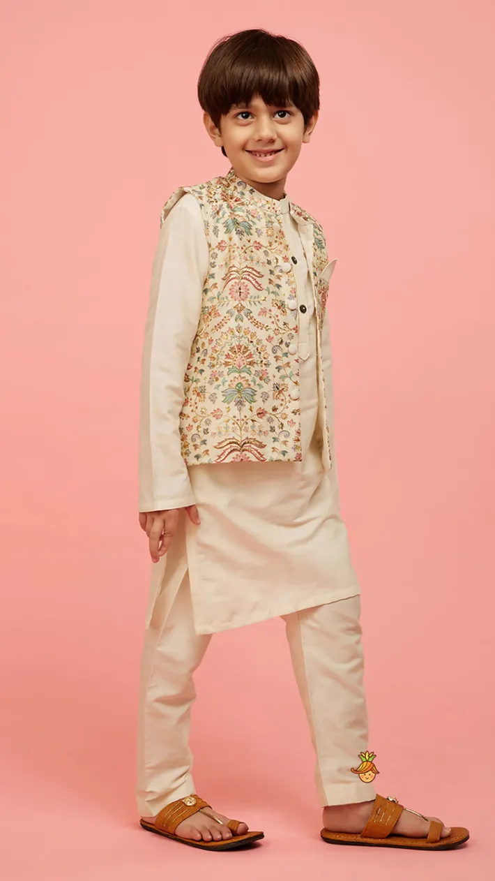 Sale Floral Printed Golden Thread Work Jacket With Off White Kurta And Pyjama BOY Indian Ethnic Wear | Ethnic Sets
