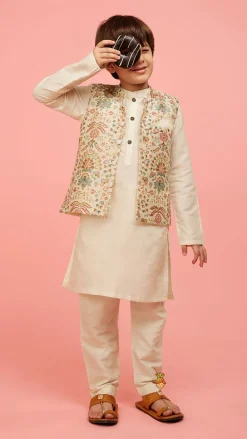 Sale Floral Printed Golden Thread Work Jacket With Off White Kurta And Pyjama BOY Indian Ethnic Wear | Ethnic Sets
