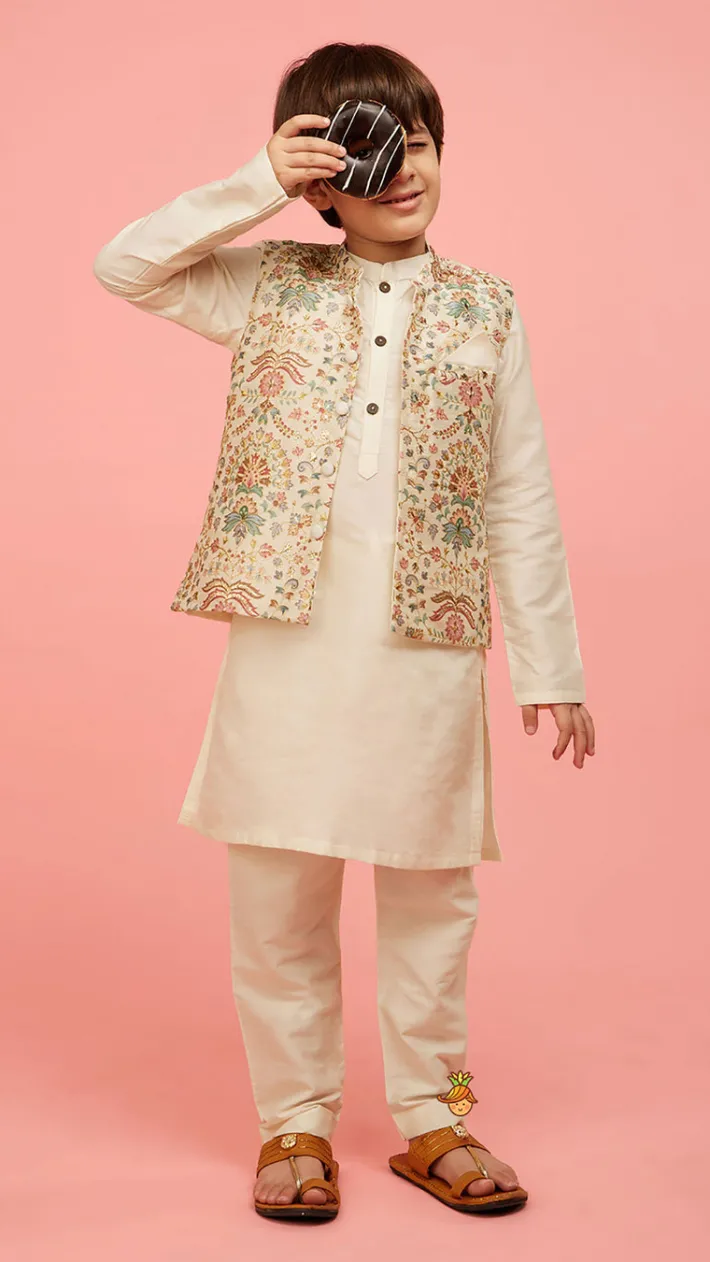 Sale Floral Printed Golden Thread Work Jacket With Off White Kurta And Pyjama BOY Indian Ethnic Wear | Ethnic Sets