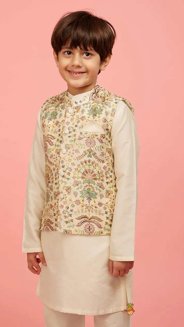 Sale Floral Printed Golden Thread Work Jacket With Off White Kurta And Pyjama BOY Indian Ethnic Wear | Ethnic Sets