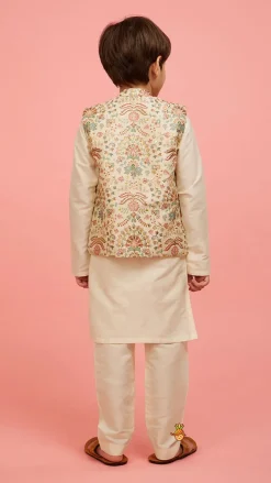Sale Floral Printed Golden Thread Work Jacket With Off White Kurta And Pyjama BOY Indian Ethnic Wear | Ethnic Sets
