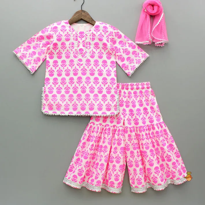 Outlet Floral Printed Gota Work Pink Kurti And Sharara With Net Dupatta Ethnic Wear | Palazzos & Shararas