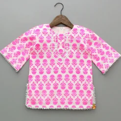 Outlet Floral Printed Gota Work Pink Kurti And Sharara With Net Dupatta Ethnic Wear | Palazzos & Shararas