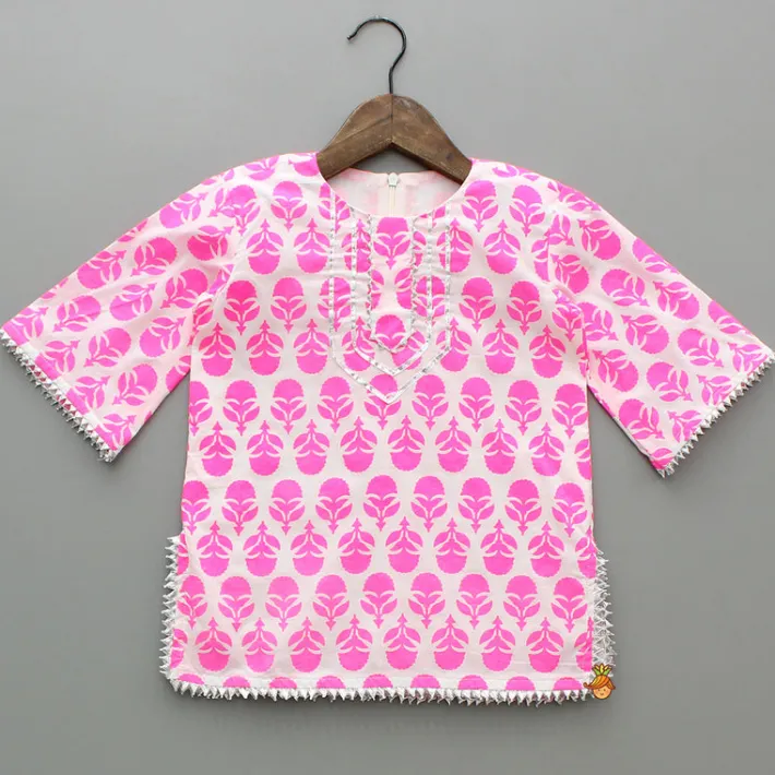 Outlet Floral Printed Gota Work Pink Kurti And Sharara With Net Dupatta Ethnic Wear | Palazzos & Shararas