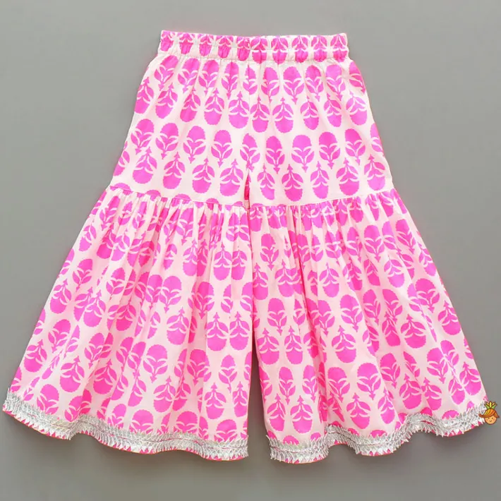 Outlet Floral Printed Gota Work Pink Kurti And Sharara With Net Dupatta Ethnic Wear | Palazzos & Shararas