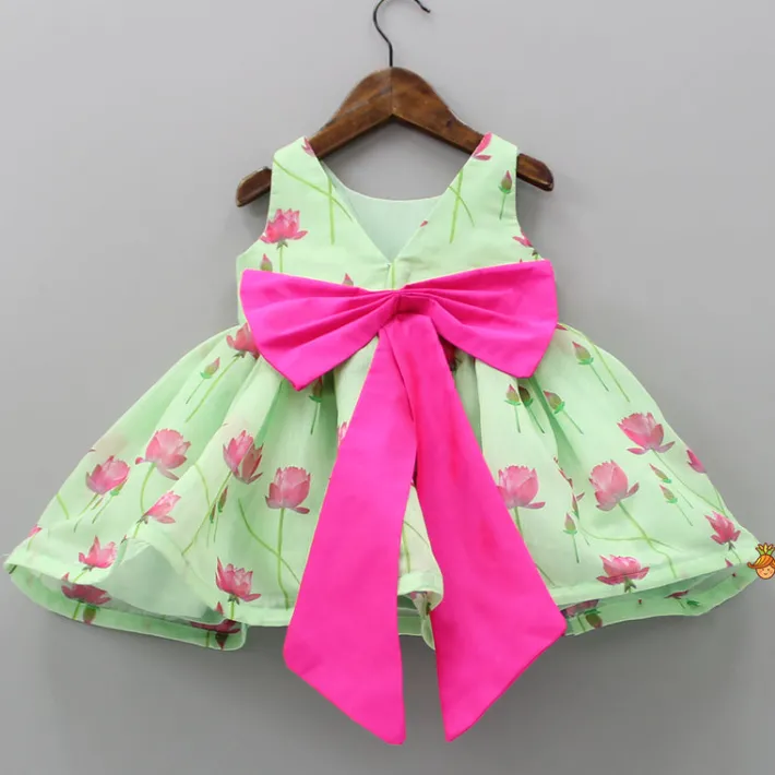 Sale Floral Printed Green Dress With Contrasting Back Bow Dresses & Sets | Dresses