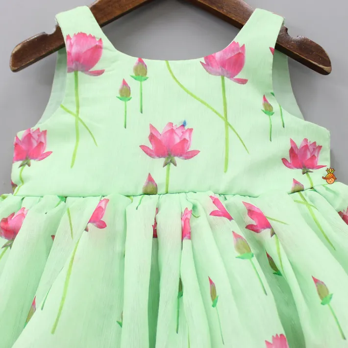 Sale Floral Printed Green Dress With Contrasting Back Bow Dresses & Sets | Dresses