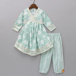Discount Floral Printed Green Kurti And Striped Pant With Dupatta Ethnic Wear | Churidars & Salwars