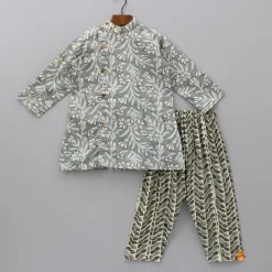 Fashion Floral Printed Grey Kurta With Printed Pyjama BOY Indian Ethnic Wear | Ethnic Sets