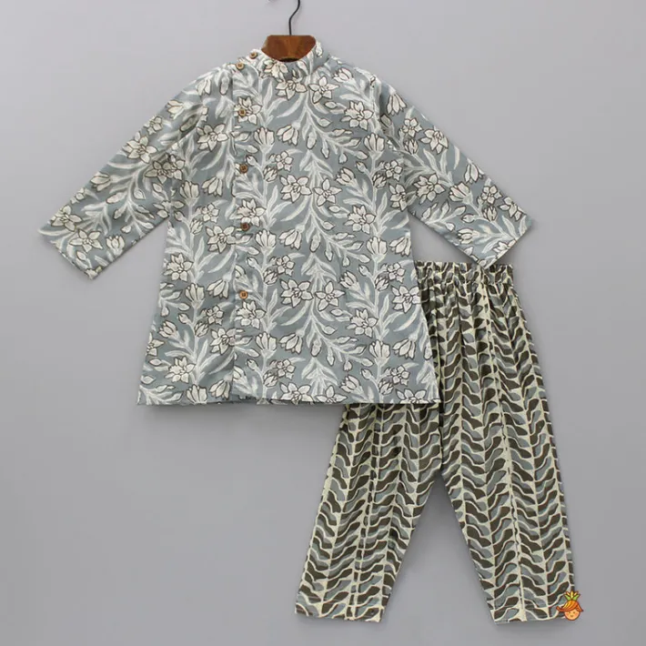 Fashion Floral Printed Grey Kurta With Printed Pyjama BOY Indian Ethnic Wear | Ethnic Sets