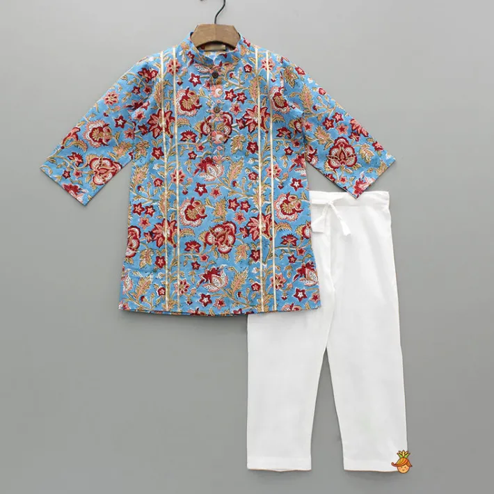 Online Floral Printed Hand Block Gota Lace Detailed Blue Kurta With Pyjama BOY Indian Ethnic Wear | Ethnic Sets