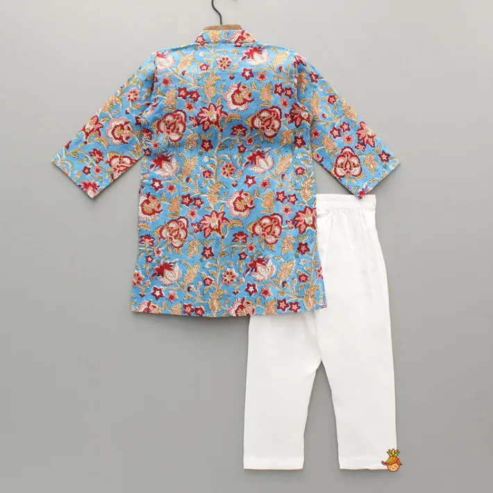 Online Floral Printed Hand Block Gota Lace Detailed Blue Kurta With Pyjama BOY Indian Ethnic Wear | Ethnic Sets