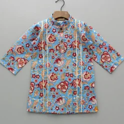 Online Floral Printed Hand Block Gota Lace Detailed Blue Kurta With Pyjama BOY Indian Ethnic Wear | Ethnic Sets