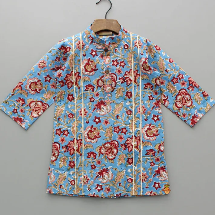 Online Floral Printed Hand Block Gota Lace Detailed Blue Kurta With Pyjama BOY Indian Ethnic Wear | Ethnic Sets
