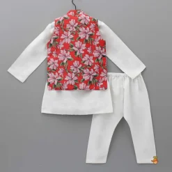 Sale Floral Printed Jacket With Flower Embroidery Off White Kurta And Pyjama BOY Indian Ethnic Wear | Ethnic Sets