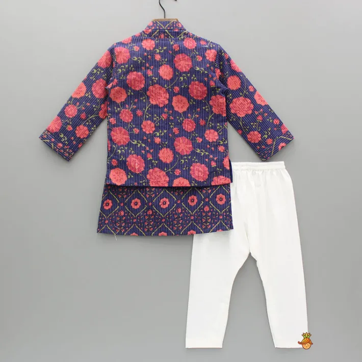 Online Floral Printed Kurta And Front Open Jacket With Pyjama BOY Indian Ethnic Wear | Ethnic Sets