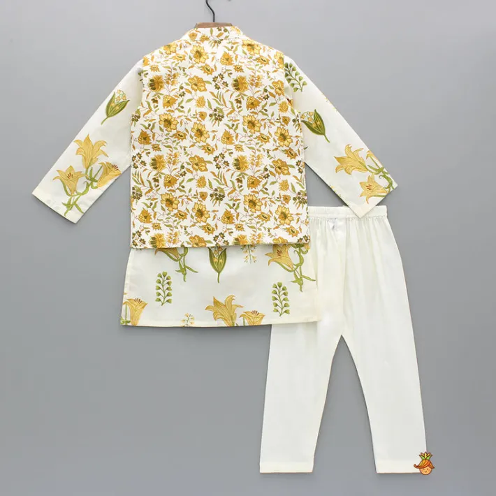 Online Floral Printed Kurta With Front Open Jacket And Pyjama BOY Indian Ethnic Wear | Ethnic Sets