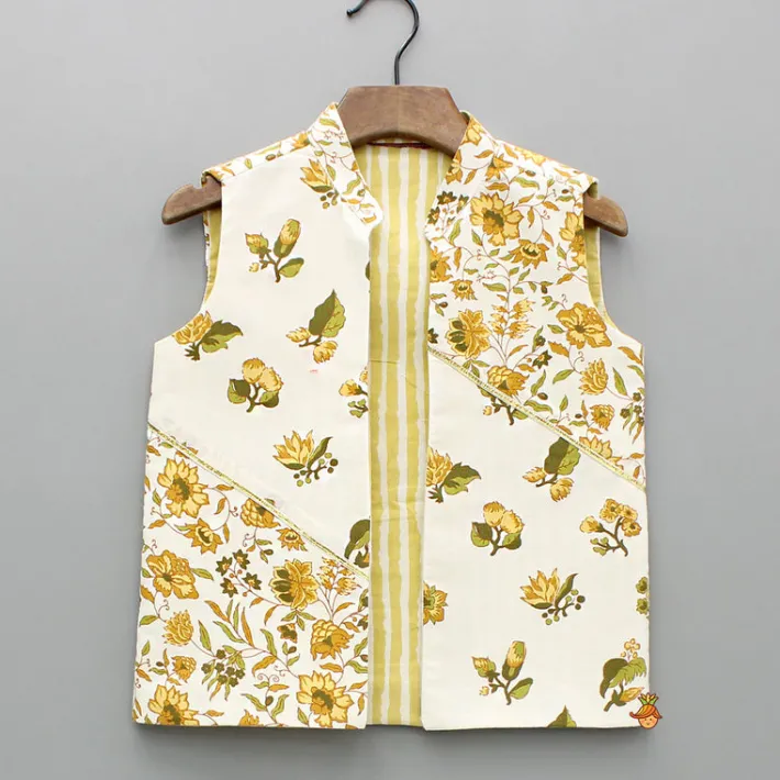 Online Floral Printed Kurta With Front Open Jacket And Pyjama BOY Indian Ethnic Wear | Ethnic Sets