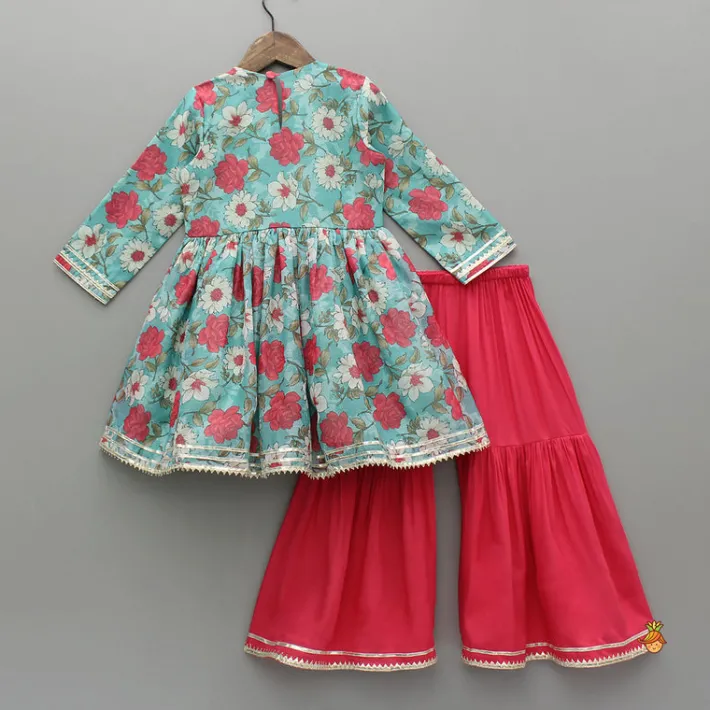 Clearance Floral Printed Kurti And Pink Flared Sharara Ethnic Wear | Palazzos & Shararas