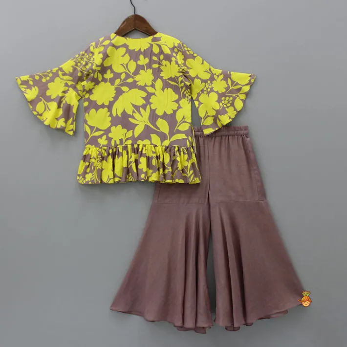 New Floral Printed Kurti With Sharara And Net Dupatta Ethnic Wear | Palazzos & Shararas