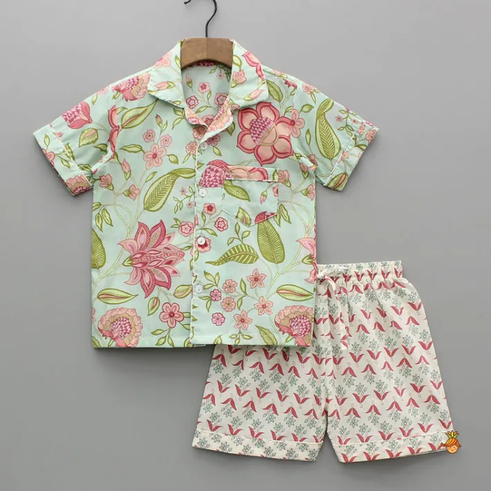 New Floral Printed Notch Collar Top And Shorts BOY Sleep Wear | Sleepwear