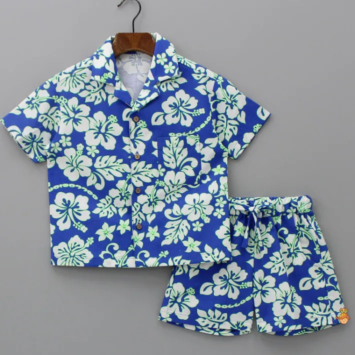 Clearance Floral Printed Notch Collar Shirt And Side Pockets Detail Shorts BOY Sets