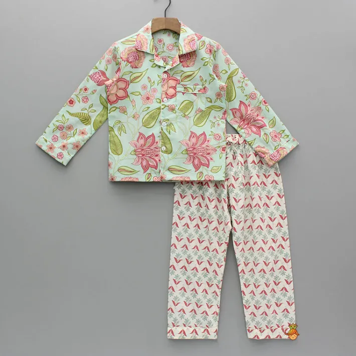 Fashion Floral Printed Notch Collar Top And Pyjama BOY Sleep Wear | Sleepwear