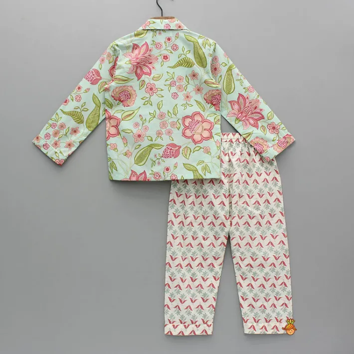 Fashion Floral Printed Notch Collar Top And Pyjama BOY Sleep Wear | Sleepwear