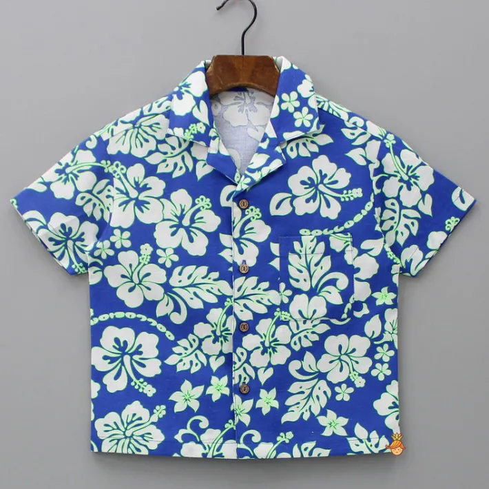 Clearance Floral Printed Notch Collar Shirt And Side Pockets Detail Shorts BOY Sets