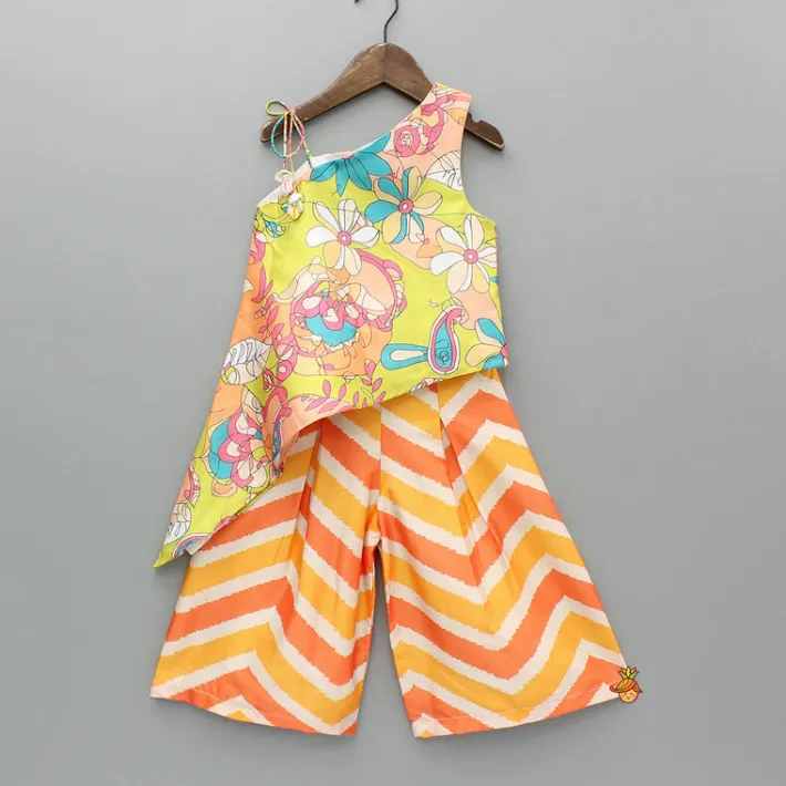 Fashion Floral Printed One Shoulder Top And Flared Palazzo Twinning Sets | Ethnic Wear