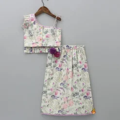 Discount Floral Printed One Shoulder Top And Stylish Front Cut Lehenga With Ruffle Dupatta Twinning Sets | Ethnic Wear