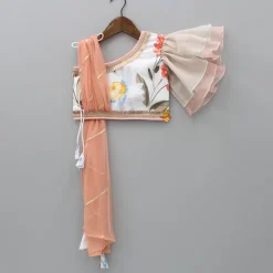 Fashion Floral Printed One Shoulder Top With Lehenga And Peach Dupatta Ethnic Wear | Lehengas & Ghagras