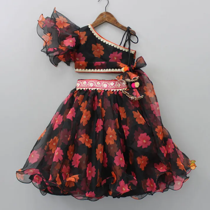Fashion Floral Printed Organza One Shoulder Top And Lehenga Ethnic Wear | Lehengas & Ghagras