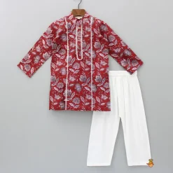 New Floral Printed Red Lace Work Kurta And Pyjama BOY Indian Ethnic Wear | Ethnic Sets
