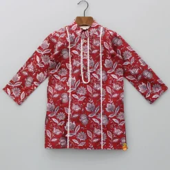 New Floral Printed Red Lace Work Kurta And Pyjama BOY Indian Ethnic Wear | Ethnic Sets