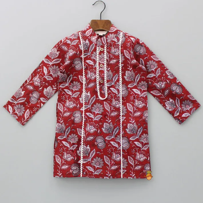 New Floral Printed Red Lace Work Kurta And Pyjama BOY Indian Ethnic Wear | Ethnic Sets