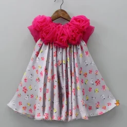 Fashion Floral Printed Rose Flowers Adorned Grey Dress Dresses & Sets | Dresses