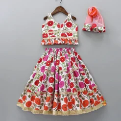 Discount Floral Printed Ruffled Top With Lehenga And Net Dupatta Ethnic Wear | Lehengas & Ghagras