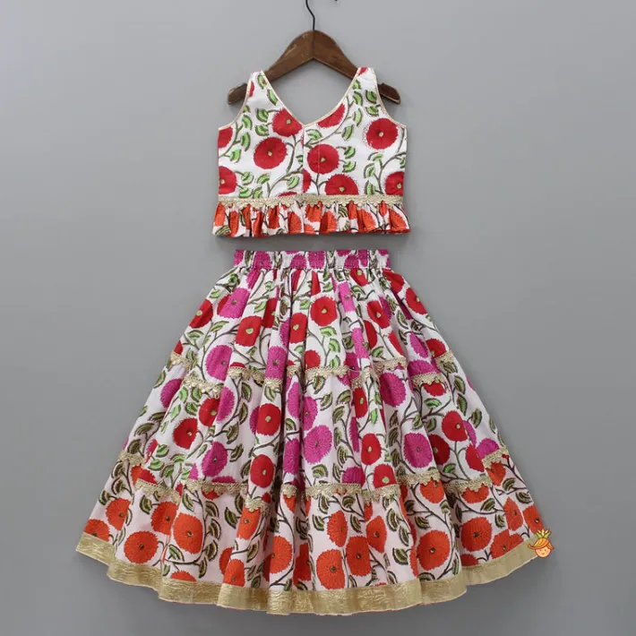 Discount Floral Printed Ruffled Top With Lehenga And Net Dupatta Ethnic Wear | Lehengas & Ghagras