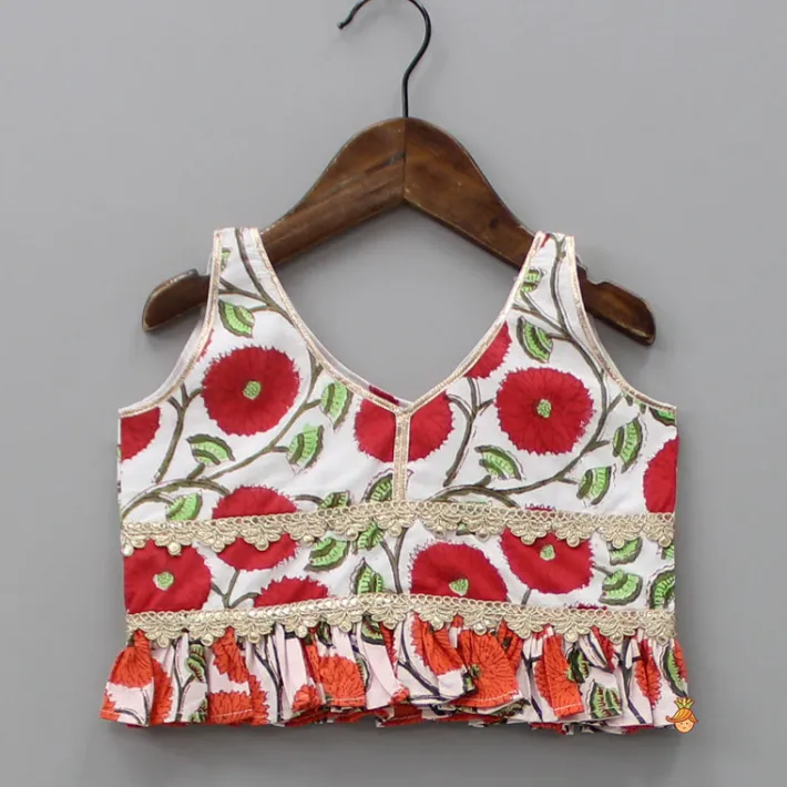 Discount Floral Printed Ruffled Top With Lehenga And Net Dupatta Ethnic Wear | Lehengas & Ghagras
