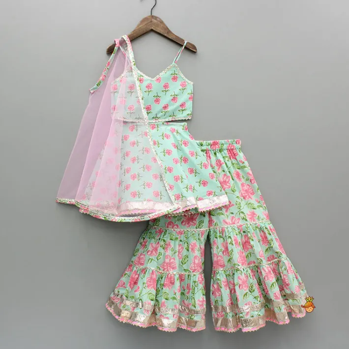 Clearance Floral Printed Stylish Backless Kurti With Sharara And Dupatta Ethnic Wear | Palazzos & Shararas