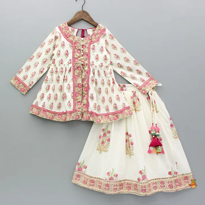 Sale Floral Printed Stylish Front Cut Kurti And Lehenga Twinning Sets | Ethnic Wear