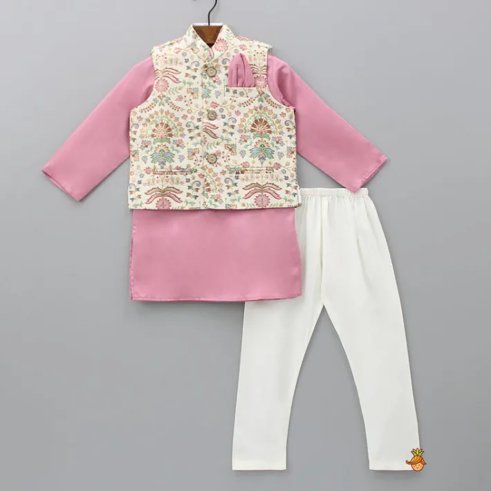 Fashion Floral Printed Thread Work Jacket With Rusty Red Kurta And Pyjama BOY Indian Ethnic Wear | Ethnic Sets
