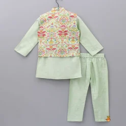 Hot Floral Printed Thread Work Jacket With Green Kurta And Pyjama BOY Indian Ethnic Wear | Ethnic Sets