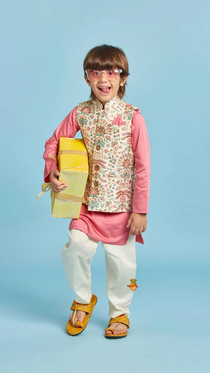 Fashion Floral Printed Thread Work Jacket With Rusty Red Kurta And Pyjama BOY Indian Ethnic Wear | Ethnic Sets