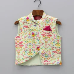 Hot Floral Printed Thread Work Jacket With Green Kurta And Pyjama BOY Indian Ethnic Wear | Ethnic Sets