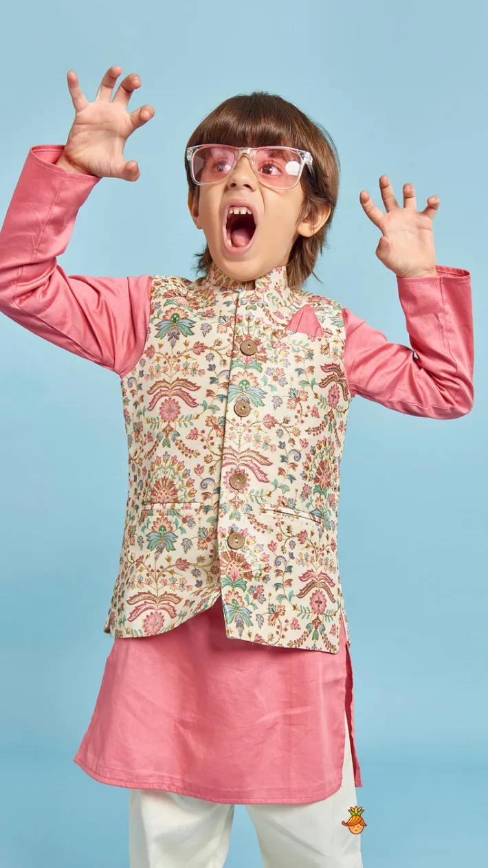 Fashion Floral Printed Thread Work Jacket With Rusty Red Kurta And Pyjama BOY Indian Ethnic Wear | Ethnic Sets